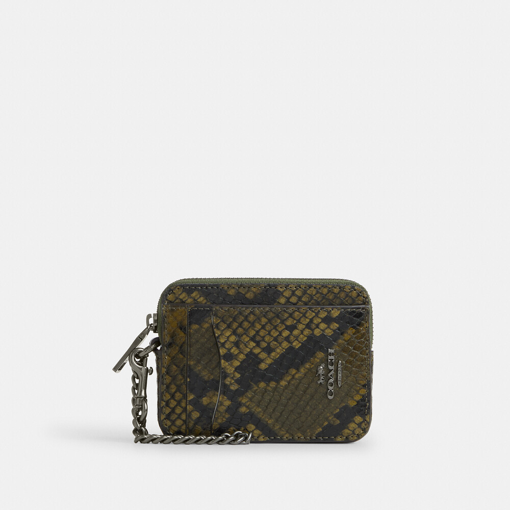 Coach Zip Card Case Wallet With Snake Print Leather - Gunmetal/Olive nwt